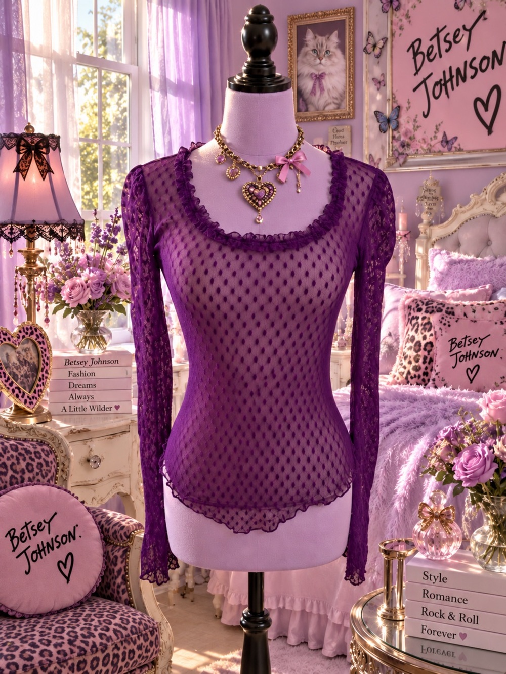 Vintage Betsey Johnson Purple Sheer Long Sleeve Mesh Top